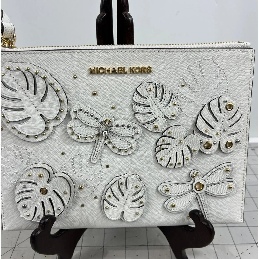 Michael Kors Jet Set Dragonfly White Wristlet Clutch NWOT Leather - Picture 2 of 6